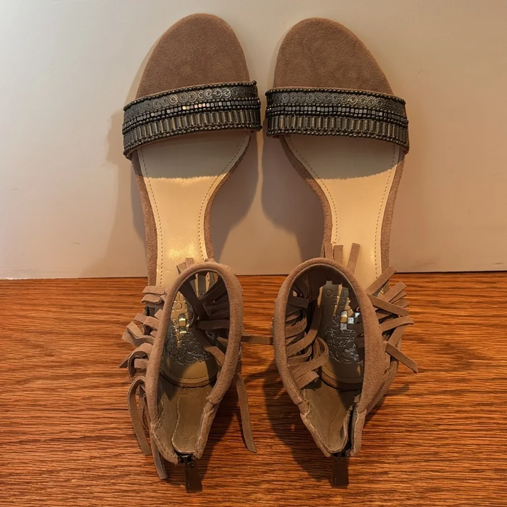 Vince Camuto Taupe Suede Fringe Beaded Open-Toe Heels